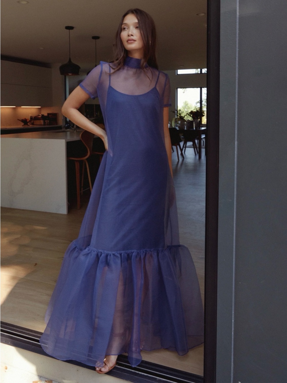 CAARA Melody Navy Organza Maxi Dress Slip NWT S MSRP $245